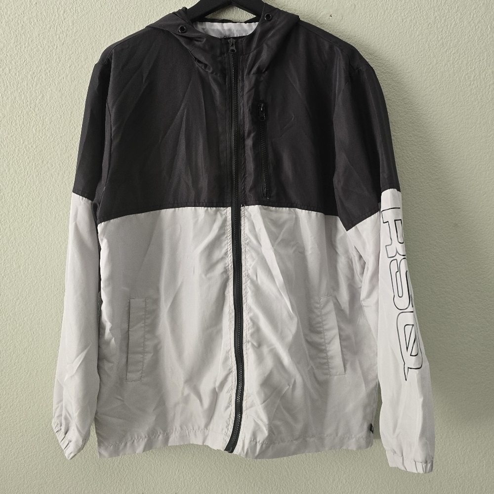 RSQ Colorblock Windbreaker Jacket Mens Medium Black Gray Y2K Streetwear Zip Hood - Picture 2 of 11